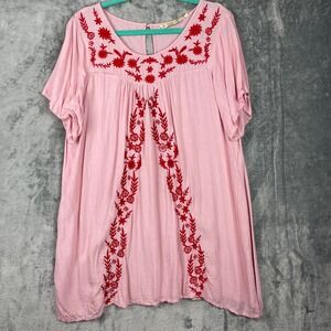 Anandas Collection Tunic Top Womens 2XL Pink Embroidered Floral Boho Hippie